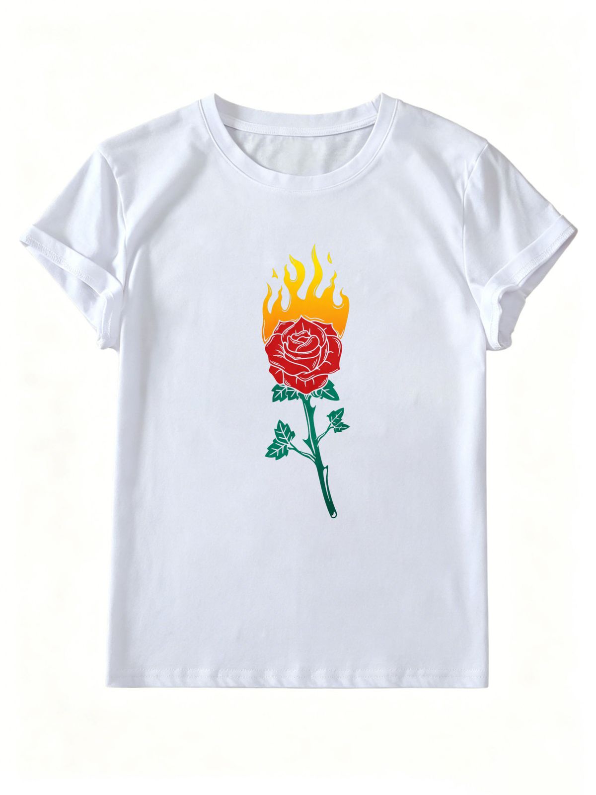 Women Crew Neck Short Sleeve T-Shirt, Burning Flame Rose Floral Graphic Loose Fit Casual Summer Basic Tee Tops_ecoleips.com
