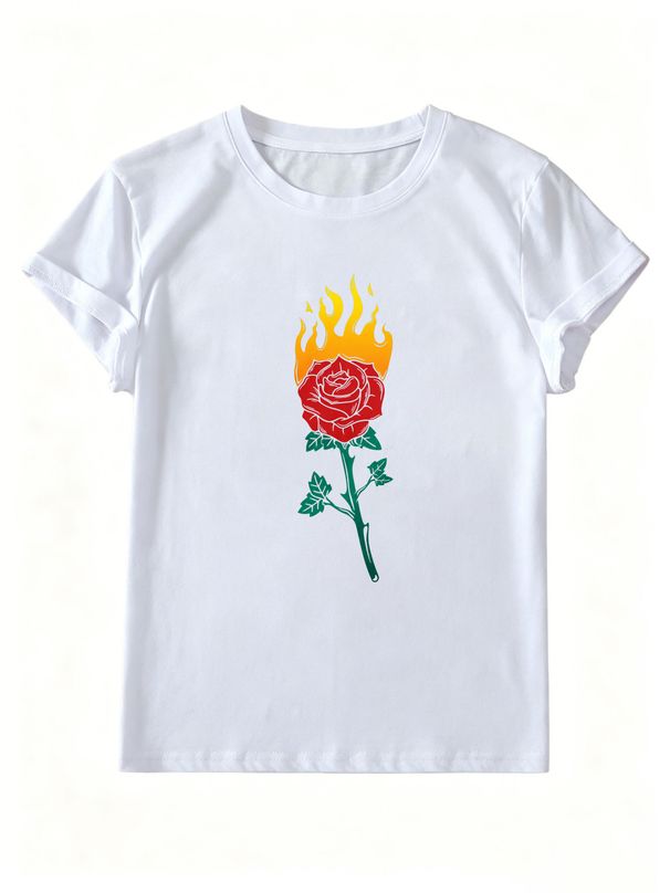 Women Crew Neck Short Sleeve T-Shirt, Burning Flame Rose Floral Graphic Loose Fit Casual Summer Basic Tee Tops_ecoleips.com