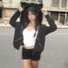 Black Zippered Plush Hooded Sweatshirt Printed High Street Boyfriend Style Loose Fit Warm Coat for Women 2024 New Export_ecoleips.com