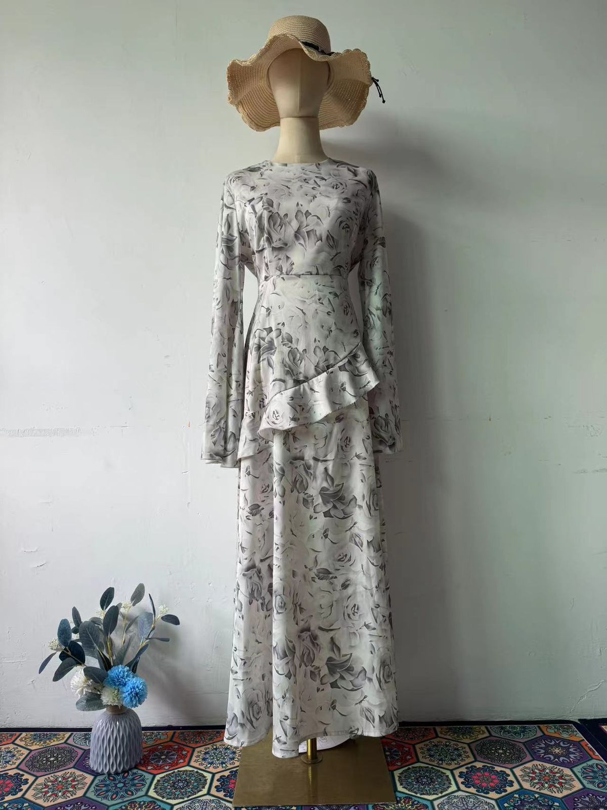 Spring Floral Print Dress - Round Neck Waist-Tie Maxi Dress (Breathable & Lightweight Perfect For Work & Weekend)_ecoleips.com