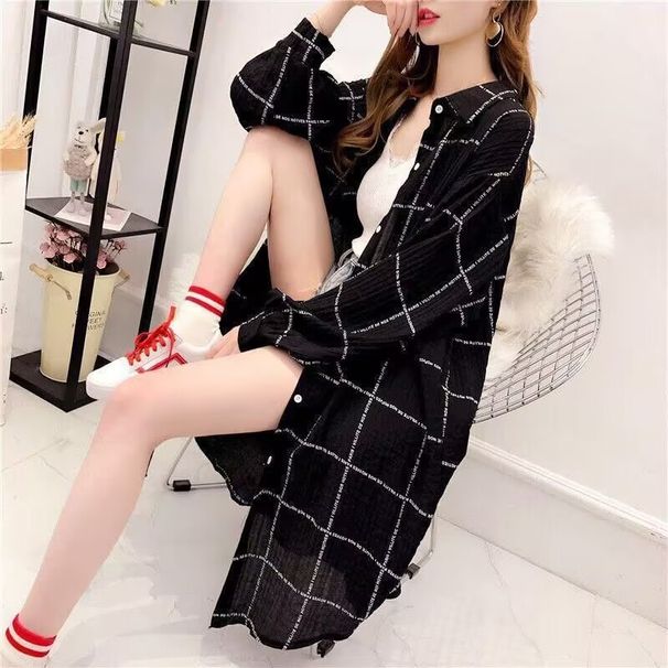 Plaid Shirt Sunscreen Clothes Women's Summer Thin Jacket Korean Version Loose UV Protection Medium And Long Sleeves_ecoleips.com