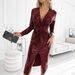 2025 European And American Style Cross-Border Independent Station's V-Neck Pleated Sequin Slit Sexy Slim Dress For_ecoleips.com