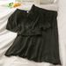 Women's Clothing Retro Wrinkled Two Piece Suit With V Neck Short Top + High Waist Single Breasted Skirt_ecoleips.com
