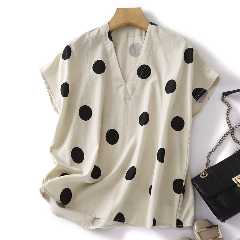 Women's Clothing Cotton And Linen Art Loose Casual Polka Dot V Neck Short Sleeved Top T Shirt_ecoleips.com