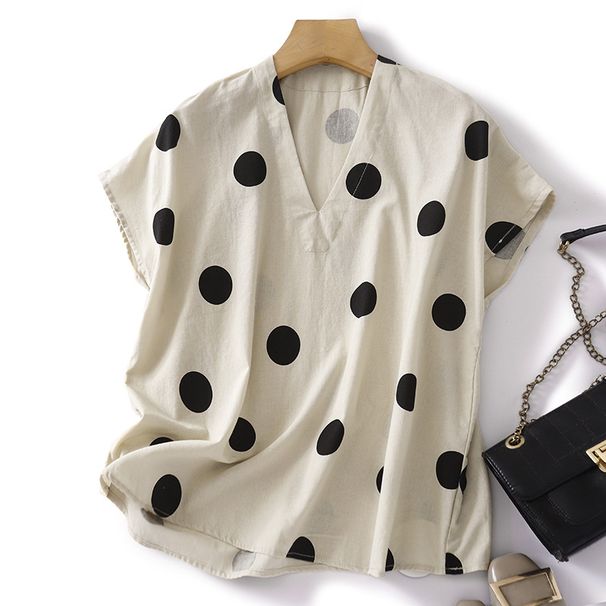 Women's Clothing Cotton And Linen Art Loose Casual Polka Dot V Neck Short Sleeved Top T Shirt_ecoleips.com