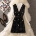 Knit Jumper Dress Set – Tweed Pinafore + Mock Neck Sweater (Black/White, S-2XL)_ecoleips.com