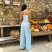 Voya Women's Lazy Vacation Style Set With Light Blue Hanging Neck Tie And Exposed Navel Top Paired With High Waist Wide Leg Pants Two-piece Set_ecoleips.com