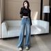 Women's Clothing Versatile Rhinestone Straight Leg Wide Leg Jeans Petite Regular Thickness Polyester Solid Pattern England Style Fashion_ecoleips.com