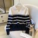 Korean Style Women's Striped Knit Sweater Autumn New Versatile Polo Collar Bulk Order Real Photos 2025_ecoleips.com