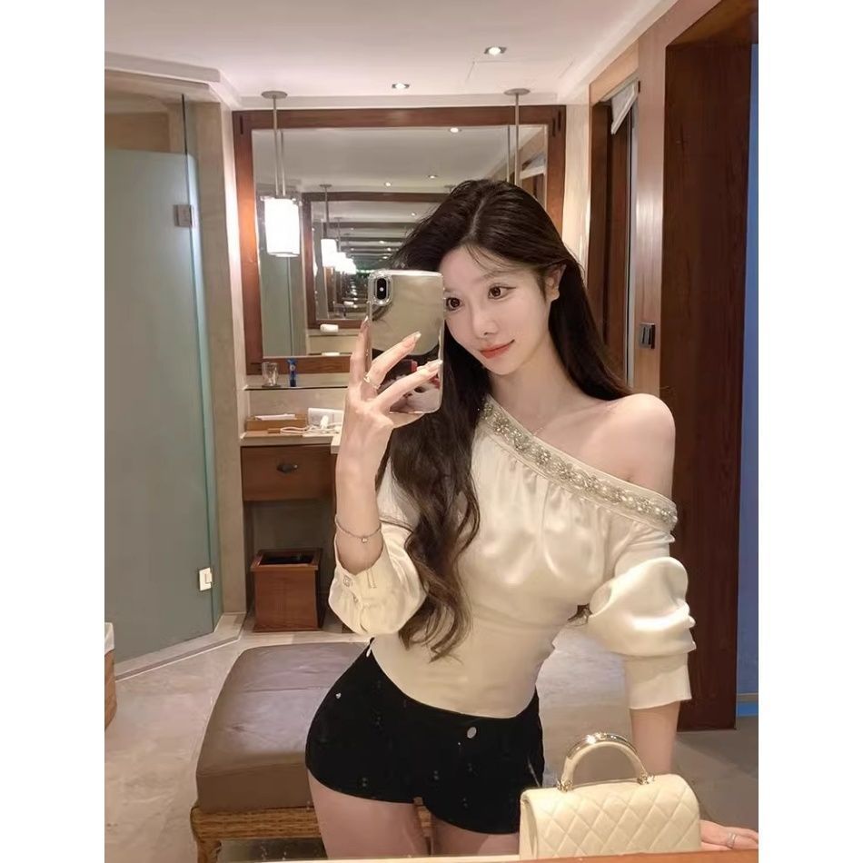 French-style Heavy-duty Rhinestone Embellished Off-shoulder Shirt For Women, 2025 Spring New Design, Stylish Slimming,_ecoleips.com