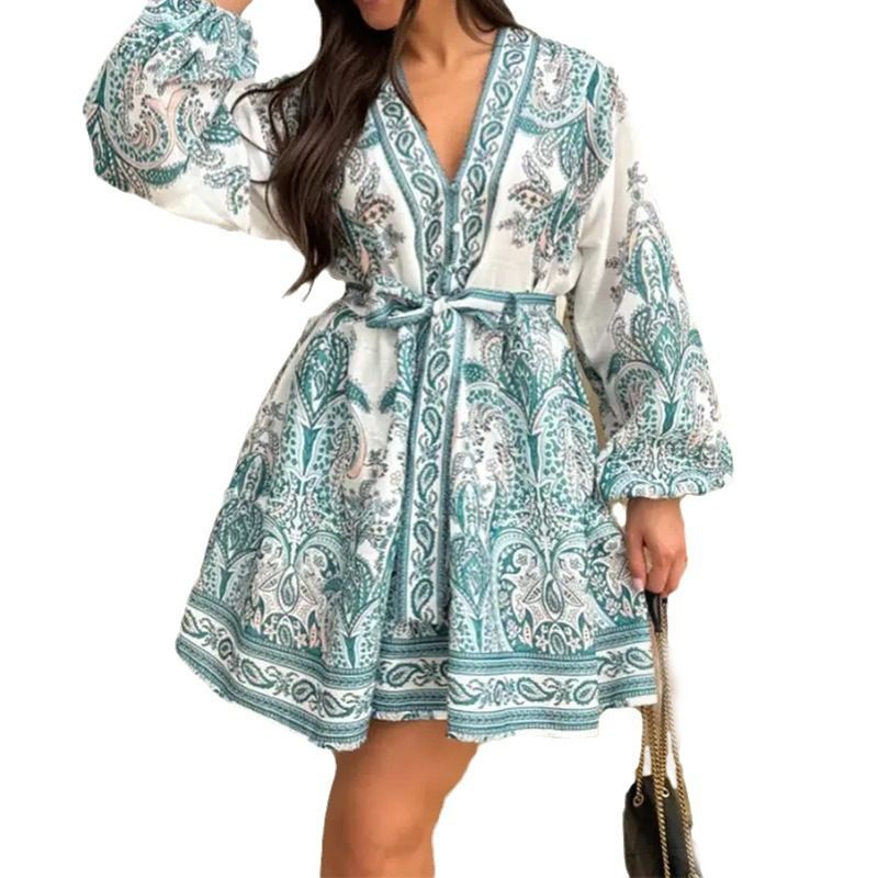 Women's Vintage Chinese Style Lantern Long Sleeve V-Neck Printed Short Dress_ecoleips.com