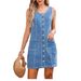 Women's Fashionable Casual Sleeveless mid Length Denim Short Dress Solid Color Fitted with Button down Pockets New_ecoleips.com