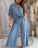 Women's Clothing V Neck Bat Sleeve Casual Loose Wide Leg Pants Suit_ecoleips.com