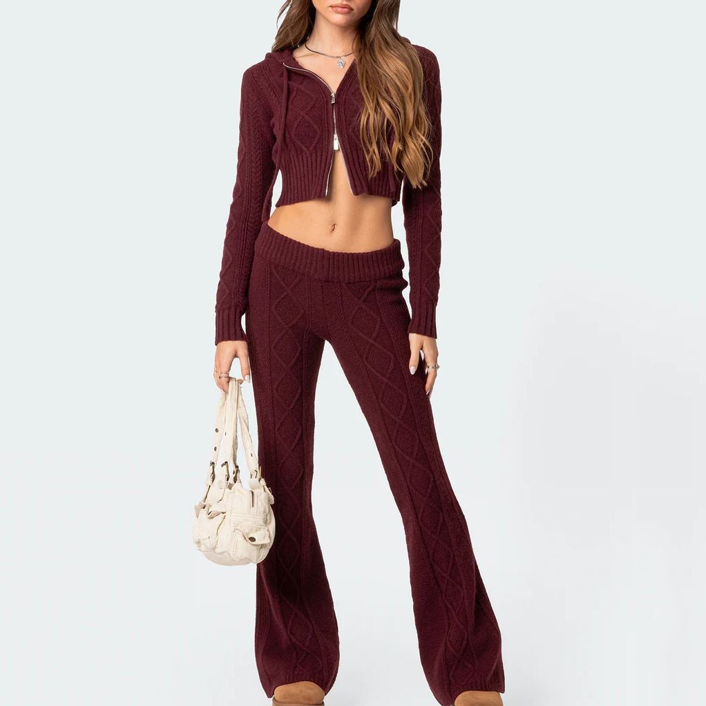 New Knitted Hooded Zipper Cardigan Set Women's Fashion Sexy High Waist Pants 2-piece Set_ecoleips.com