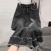 Women's High-Waisted Straight Denim Skirt with Frayed Edges Trendy Pear Shaped A-Line Bodycon Midi Skirt in Black Or Grey_ecoleips.com