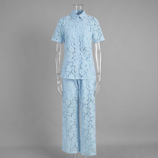 Women's Clothing Lace Shirt Vest Trousers Set Casual Lapel Hollow Three Piece Suit Spring Summer New_ecoleips.com