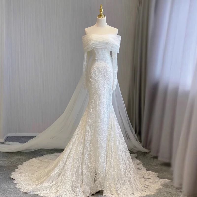 French Style Satin Light Wedding Dress off the Shoulder Mermaid Gown Ethereal Forest Inspired Simple Wedding Dress_ecoleips.com