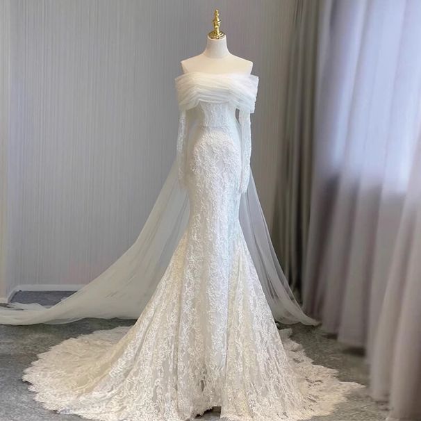French Style Satin Light Wedding Dress off the Shoulder Mermaid Gown Ethereal Forest Inspired Simple Wedding Dress_ecoleips.com