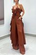Women's Clothing Solid Color Chiffon V Neck Suspenders Ruffle Straight Pants Two Piece Set_ecoleips.com