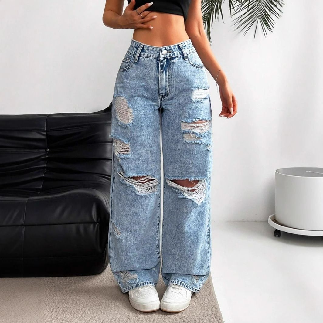 European And American Cross-border Foreign Trade Ripped Jeans, Washed High-waisted Straight-leg Versatile Slim-fit Denim_ecoleips.com