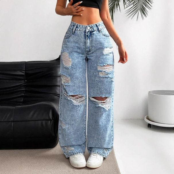 European And American Cross-border Foreign Trade Ripped Jeans, Washed High-waisted Straight-leg Versatile Slim-fit Denim_ecoleips.com