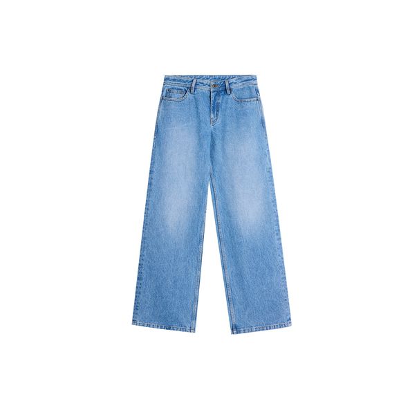 Women's Clothing Retro Light Blue Pure Cotton Spring And Autumn Washed Distressed Mid Low Waist Loose Straight Denim Trousers_ecoleips.com