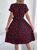 Elegant Heart Print Lace-up Dress Summer Women Round Neck Pleated Medium Long Dress_ecoleips.com