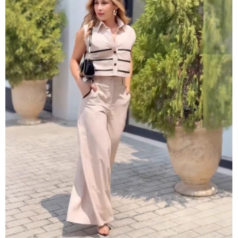 Women's Clothing New Fashion Contrast Color Short Sleeveless Tops Casual Wide Leg Pants Two Piece Set_ecoleips.com