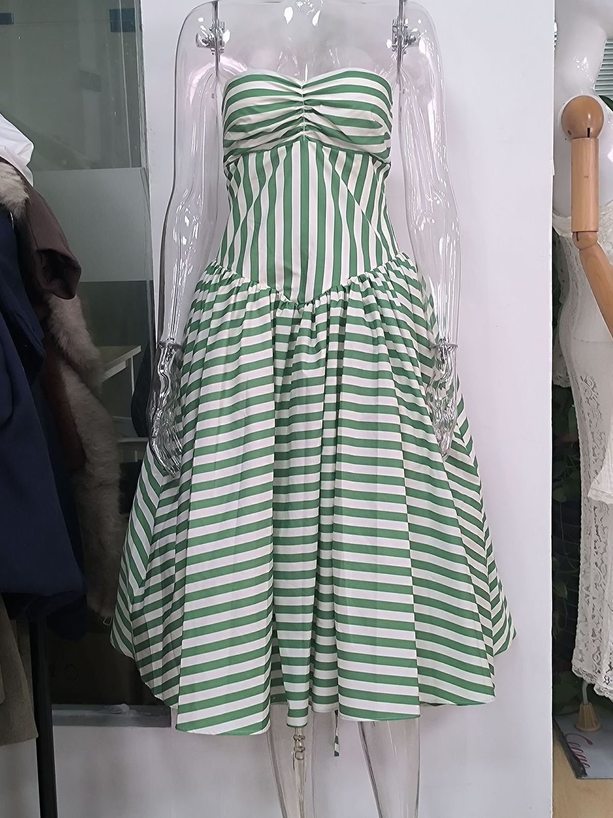 Vintage French Strapless Corset Waist Cinched Striped Big Swing Long Maxi Dress Women Elegant Party Vacation Evening_ecoleips.com