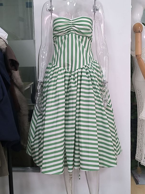 Vintage French Strapless Corset Waist Cinched Striped Big Swing Long Maxi Dress Women Elegant Party Vacation Evening_ecoleips.com