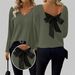 European And American Women's V-Neck Solid Color Sweater Autumn New Long Sleeve Casual Loose Bowknot Top For Women_ecoleips.com