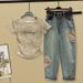 Women's Clothing Fashionable Slimming Tie Dye Top Set With Embroidered Ethnic Style Denim Trendy Suit For Women_ecoleips.com