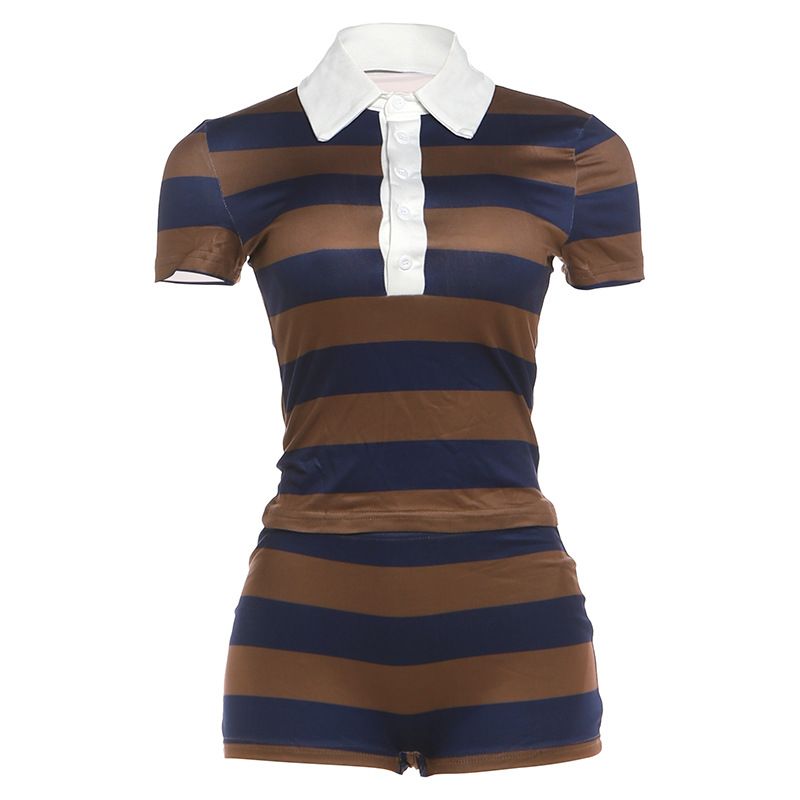 Women's Retro Striped Color Block Two Piece Set Half Open Neck Top And Tight Shorts Spring New European And American Style_ecoleips.com