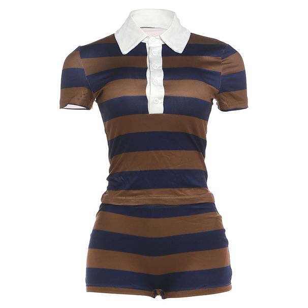 Women's Retro Striped Color Block Two Piece Set Half Open Neck Top And Tight Shorts Spring New European And American Style_ecoleips.com