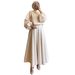 Elegant Women's Beige Round Neck Lantern Sleeve Blouse & Flared Skirt Set - Stylish & Versatile Outfit For Casual & Formal Occasions_ecoleips.com