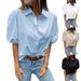 Women's Clothing Summer Puff Sleeve Top Solid Color Button Short Sleeved Shirt Female_ecoleips.com