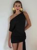 Mozision Oblique Shoulder Backless Irregular Sexy Mini Dress For Women Fashion Sleeveless Draped Ruched Club Dress Elegant_ecoleips.com