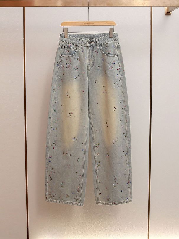 Women's Rhinestone Embellished Wide Leg Jeans High Waisted A Line Retro Versatile Denim For Autumn And Winter_ecoleips.com