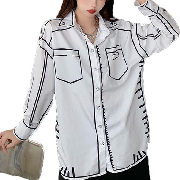 Oversized Artistic Print Shirt – Long Sleeve Loose Fit Blouse With Unique Japanese-Inspired Design, Comfortable Polyester Top For Casual & Streetwear_ecoleips.com