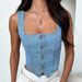 K New Denim Tank Top, Solid Color Buckle Fashion Suspender, Short Top_ecoleips.com