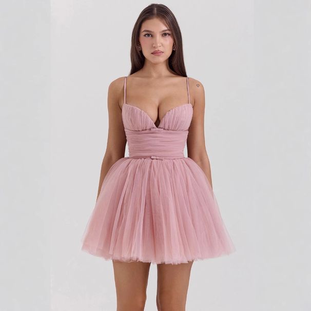 2025 New Sweet Mesh Patchwork Strap Princess Puff Sexy Slim Backless Mini Dress For Women_ecoleips.com
