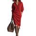 Women's European American Autumn Casual Loose Straight Knit Sweater Dress Button down Collar mid Length_ecoleips.com