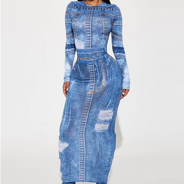Women’s Clothing New Two Piece Suit Denim Print Round Neck Long Sleeved Top Slim Hip Long Skirt_ecoleips.com
