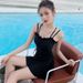 Elegant Black Spaghetti Strap One Piece Swimsuit Dress With Ruffle Neck Side Drawstring Crisscross Back Modest Swimwear_ecoleips.com