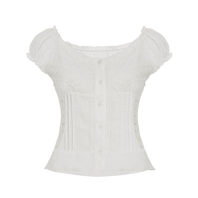 French-style Vintage V-neck Lace Hollow Puff Sleeve Shirt, BM Pure Desire Hot Girl Slim-fit Button-up Short Top_ecoleips.com