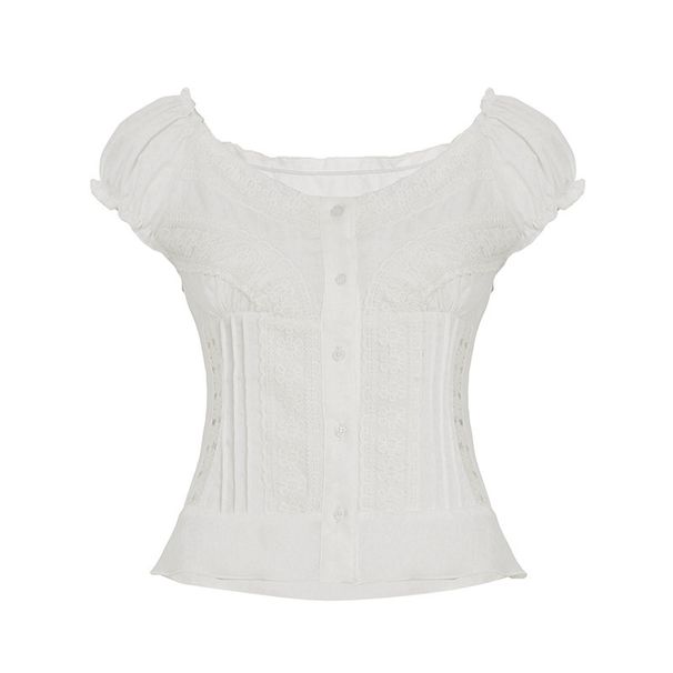 French-style Vintage V-neck Lace Hollow Puff Sleeve Shirt, BM Pure Desire Hot Girl Slim-fit Button-up Short Top_ecoleips.com