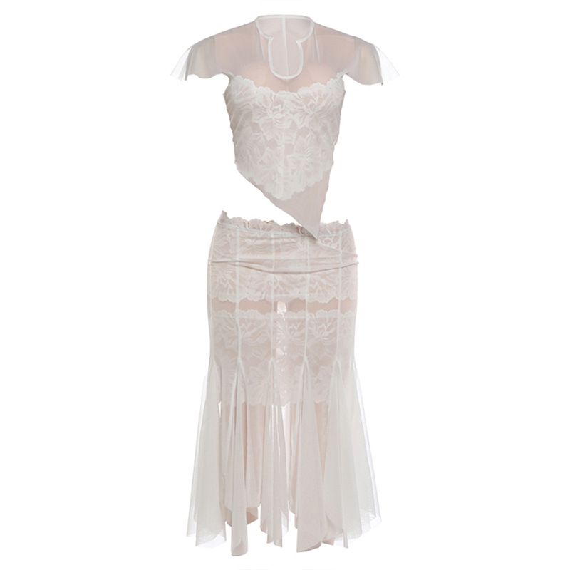 Summer Style Women's Slim Fit V Neck Top Sexy Lace Patchwork Mesh Fishtail Skirt New_ecoleips.com