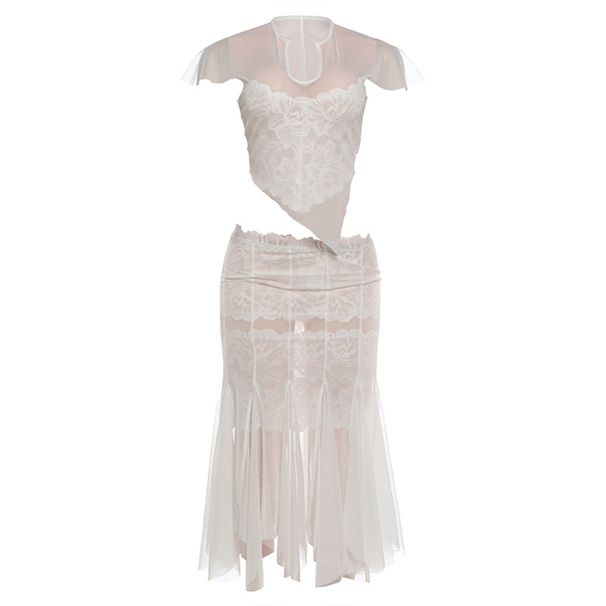 Summer Style Women's Slim Fit V Neck Top Sexy Lace Patchwork Mesh Fishtail Skirt New_ecoleips.com