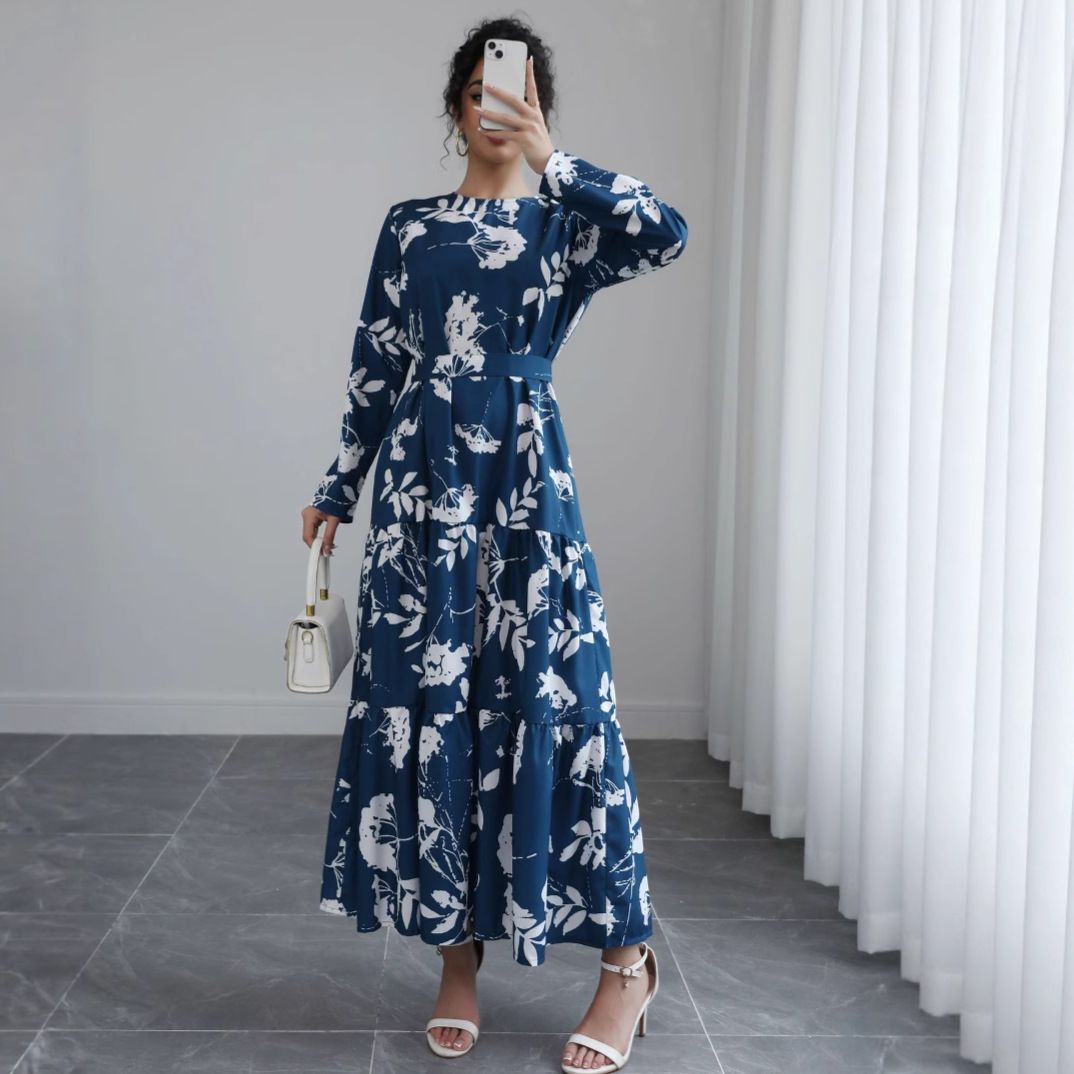 Women's Clothing Blue Long Sleeved Round Neck Dress New Temperament Waist Tie Slim Big Swing Printed Mid Length Skirt_ecoleips.com