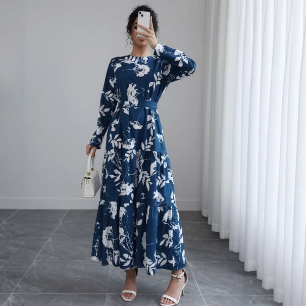Women's Clothing Blue Long Sleeved Round Neck Dress New Temperament Waist Tie Slim Big Swing Printed Mid Length Skirt_ecoleips.com